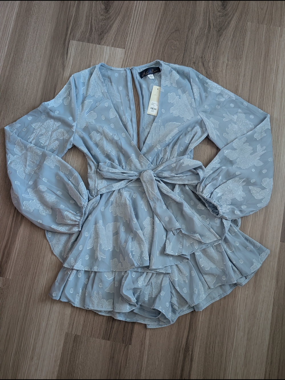 Blue Rain for Francesca's Light Blue Floral Jacquard Romper Size Small NWT